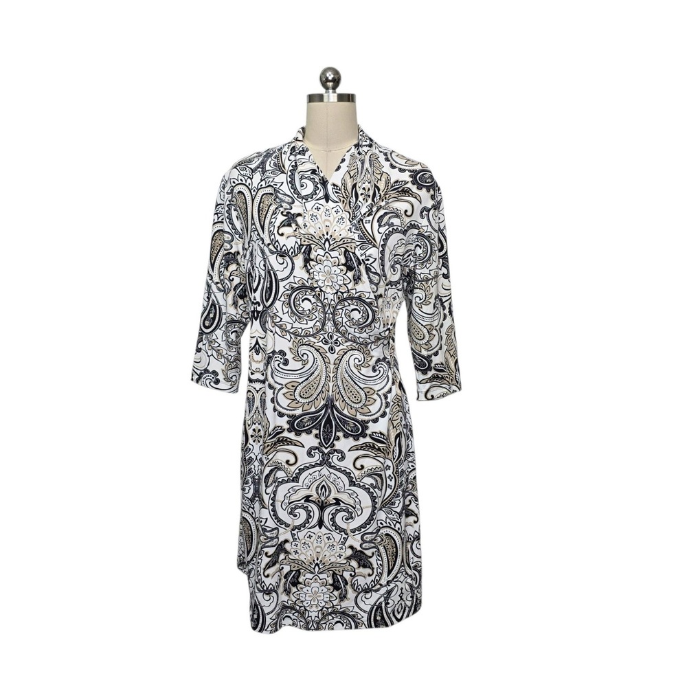 J. McLaughlin Catalina Cloth Paisley Wrap Dress Black White Tan Large 3/4 Sleeve